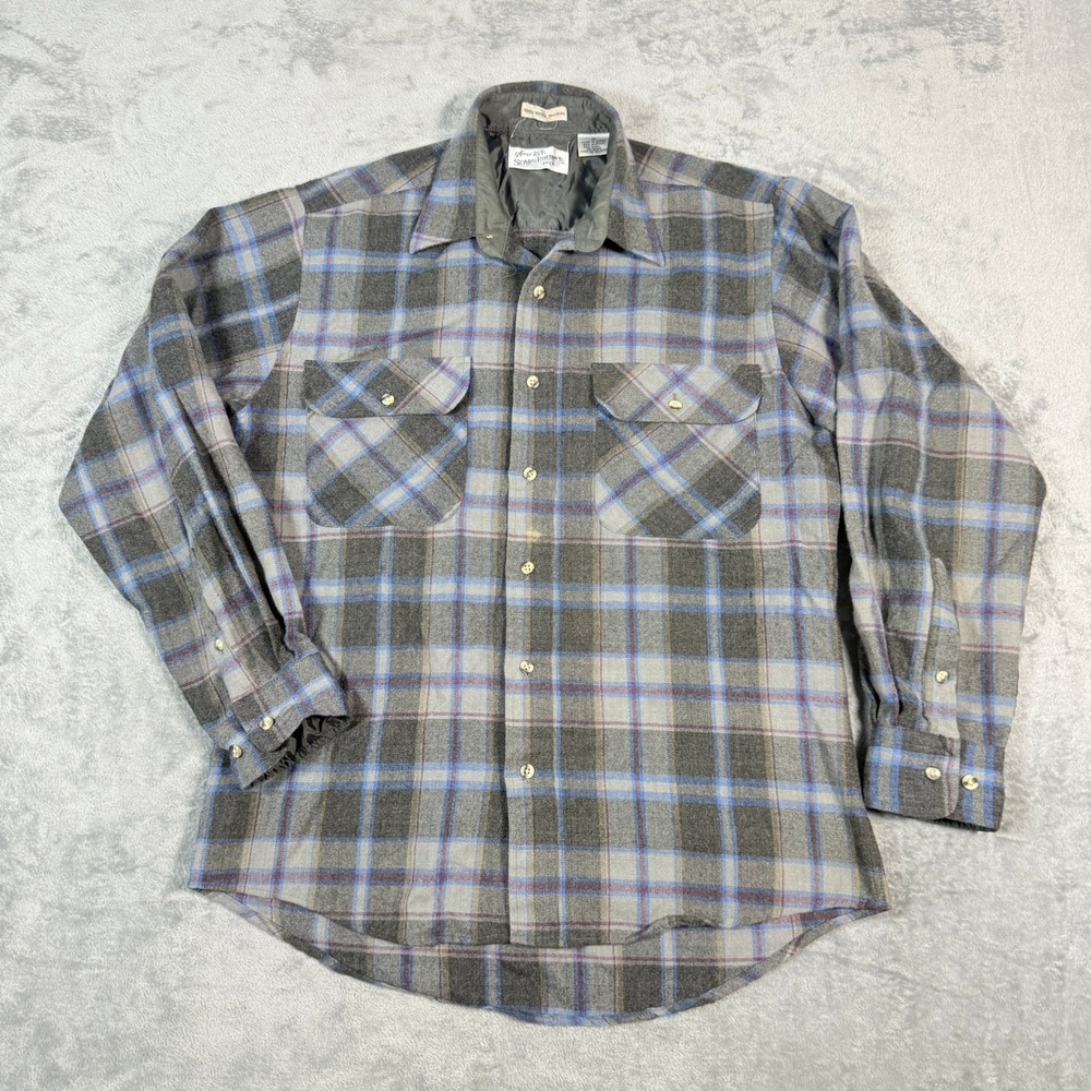 Vintage Sears Roebuck Mens M Flannel Grey Blue Plaid Wool Blend Button Down
